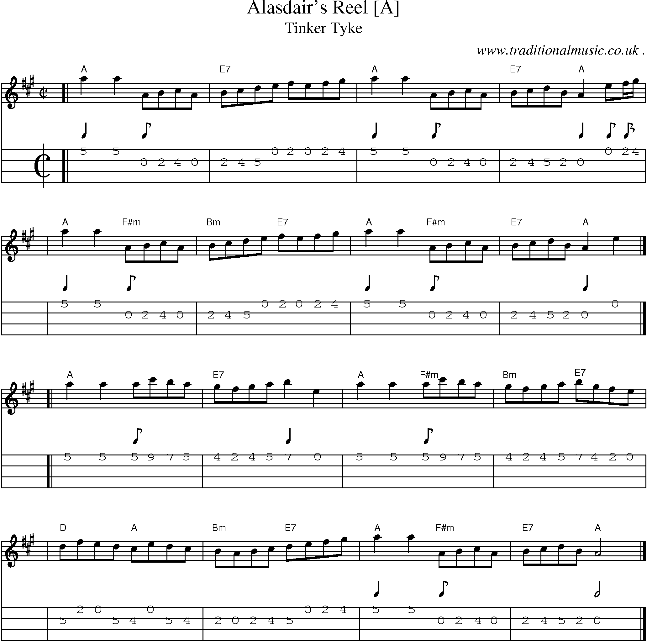 Sheet-music  score, Chords and Mandolin Tabs for Alasdairs Reel [a]